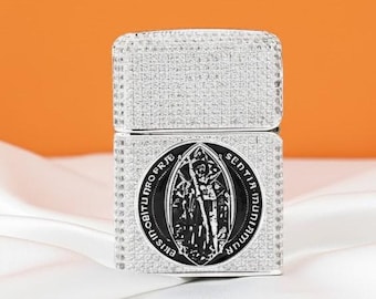 Zippo Constantine Lighter, Rare Zippo Crystal Studded Lighters, Religious Zippo Gift, Rhinestone Protection Medal Lighter