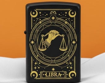 Zippo weegschaalaansteker, aangepast astrologiecadeau, sterrenbeeld gegraveerd, gepersonaliseerd verjaardagscadeau, mystieke horoscoop schalen cadeau