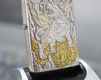 Encendedor Zippo dorado con grabado Qilin, encendedores Fengshui de lujo, encendedor Zippo plateado