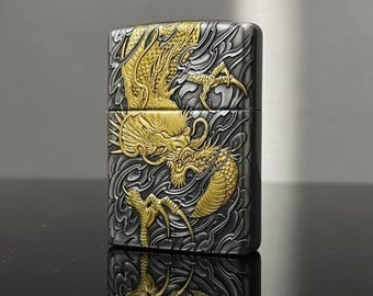 Zippo Sterling Lighters Dragon Design , Rare Zippo Custom 24K Gold Inlay ,  Zippo Luxury custom by hand-carved artisan