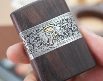 Zippo Feuerzeug aus Holz, Holzfeuerzeuge nach Mass, mit Florentiner Perlmutt Rollenarbeit, Silber Inlay, Luxus-Groomsmen Geschenk für Männer