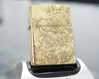Zippo Goldene Katze gravierte Feuerzeug, Künstlerisches Tier Zippo, Einzigartiges Retro Feuerzeug, Haustierporträt-Feuerzeug für Tierliebhaber