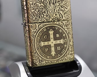 Constantine Zippo Lighter, Deep Engraved 5 Sides Armor Brass Zippo, Occult Saint Benedict Cross Gift for Him