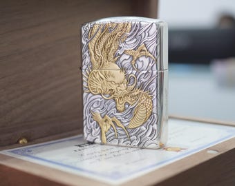 Accendino Zippo Luxury Dragon inciso in 3D, Zippo con custodia Armor incisa a mano, accendini placcati in argento e oro, accendino Zippo raro