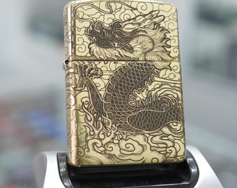 Dragon Zippo Armor Brass, 5-Sided Seamless Deep Engraving, Imperial Soaring Dragon Custom Lighter, Premium Luxury Gift for Men