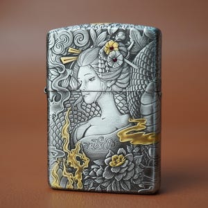 Zippo lighter, Zippo Armor hand engraved Geisha girl and snake theme