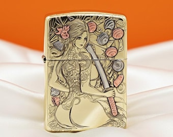 Encendedor Zippo con Katana Japonesa, Chica Sexy con Tatuaje, Mujer Samurái, Zippo con incrustaciones de cobre, Chica Anime