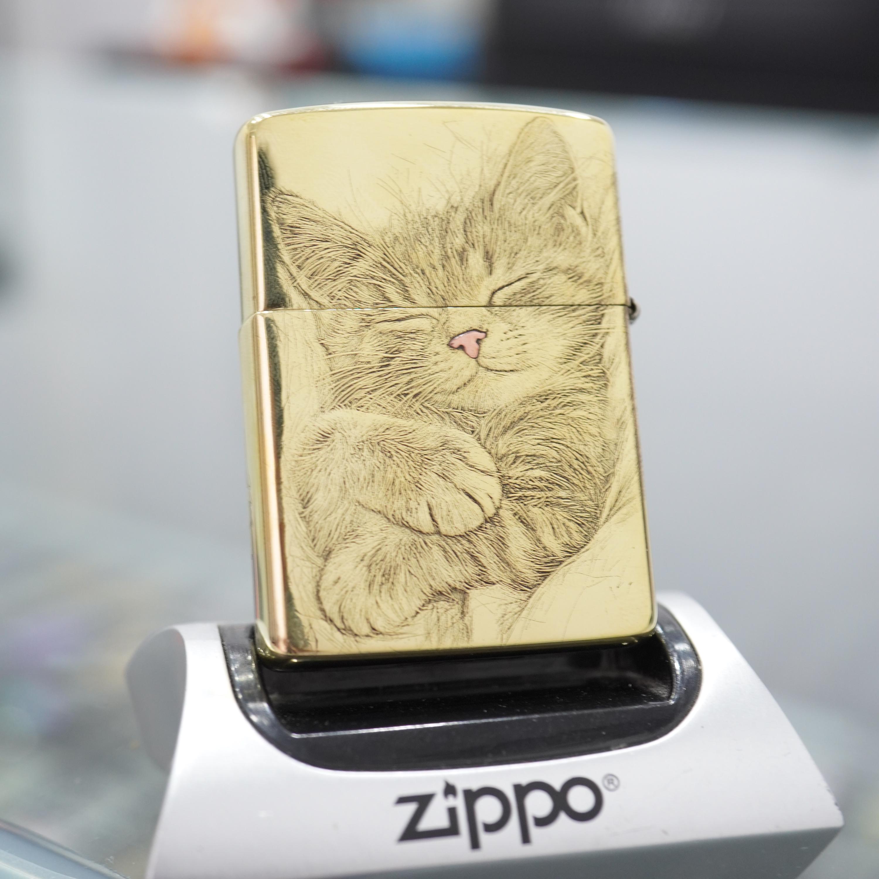 Zippo Golden Cat Engraved Lighter, Artistic Animal Zippo, Unique