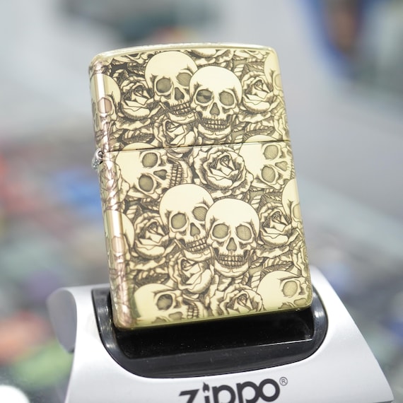 Skull Zippo Armor Brass, 5-Sided Seamless Deep Engraving, Custom Gothic Floral Lighter, Premium Tattoo Art Gift for Men