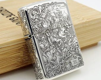 Zapalniczka Zippo Sterling z Czterema Jeźdźcami Apokalipsy – Srebrna, grawerowana zbroja – Biblijne Objawienie, Sztuka Gotycka