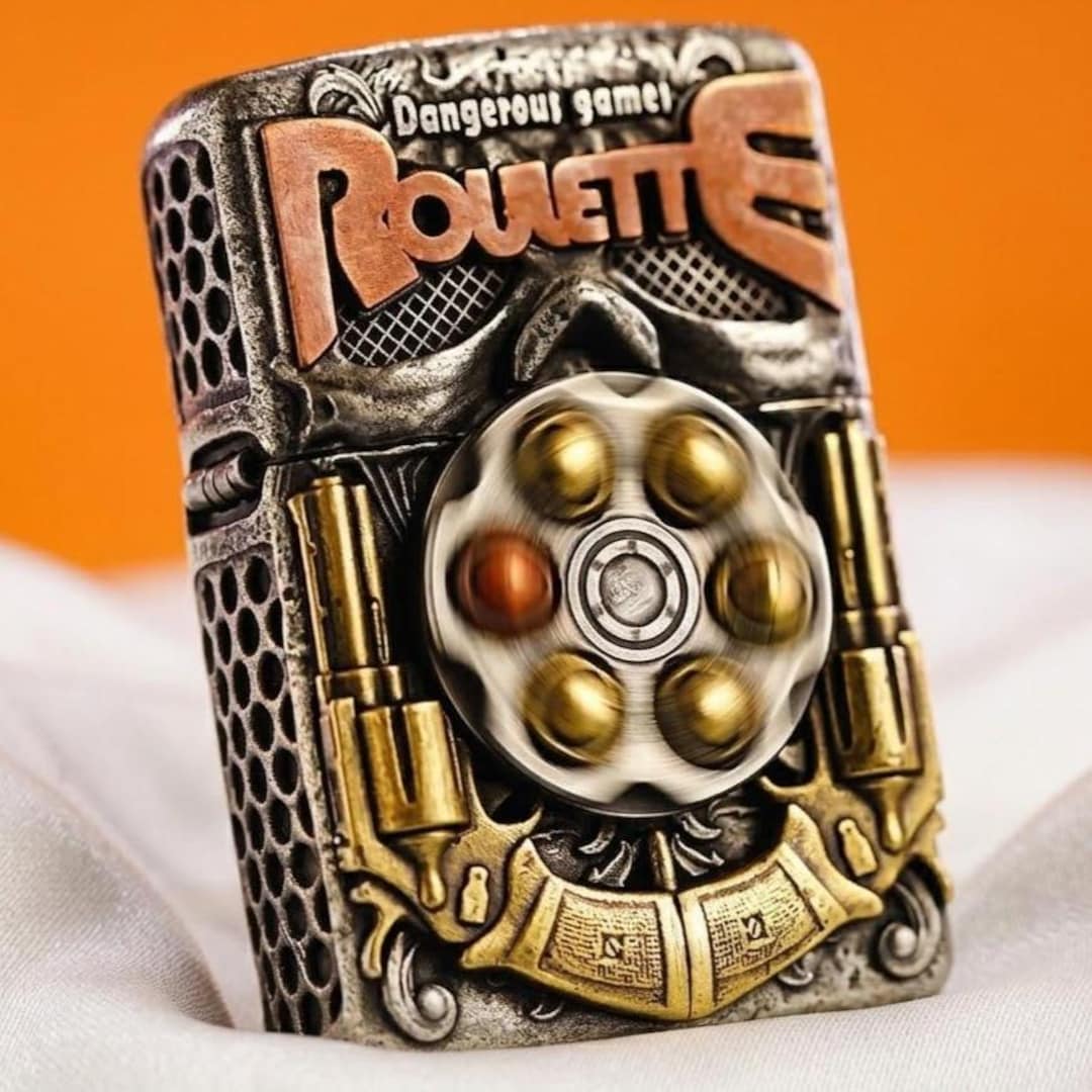 Russian Roulette Zippo Set, Spinner Skull Lighter, Dangerous Gamer