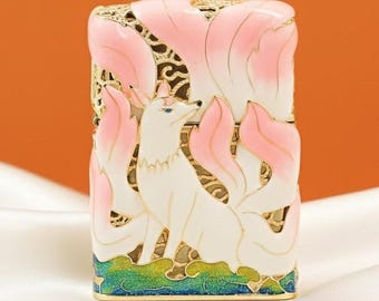Zippo Kitsune Nine Tailed Fox Lighter - Enamel Art Zippo , 3D Deep Relief Japanese Mythology Gift