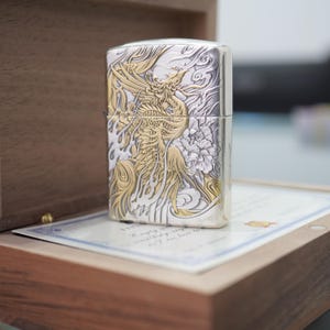 Zippo Armor Lighter, Hand Engraved, Custom Phoenix Design, Unique Gift for Men