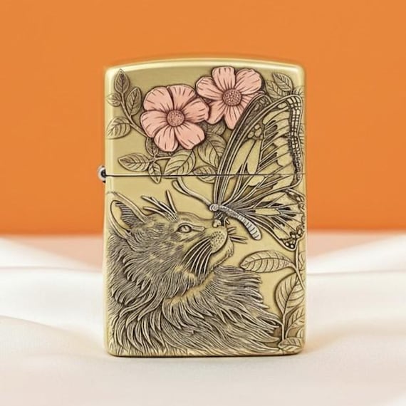 Zippo 3D Carved Cat & Butterfly Lighter - Copper Inlay Hand Craft