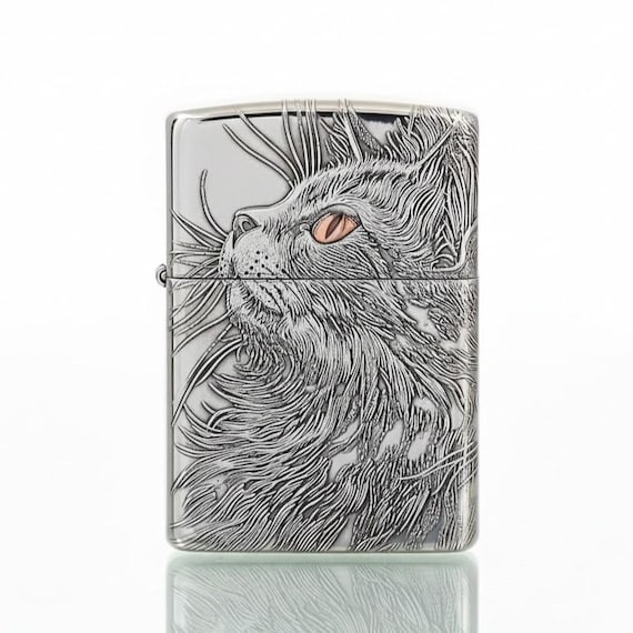 Zippo Sterling Silver Cat Engraved, Luxury Zippo Lighter, Copper