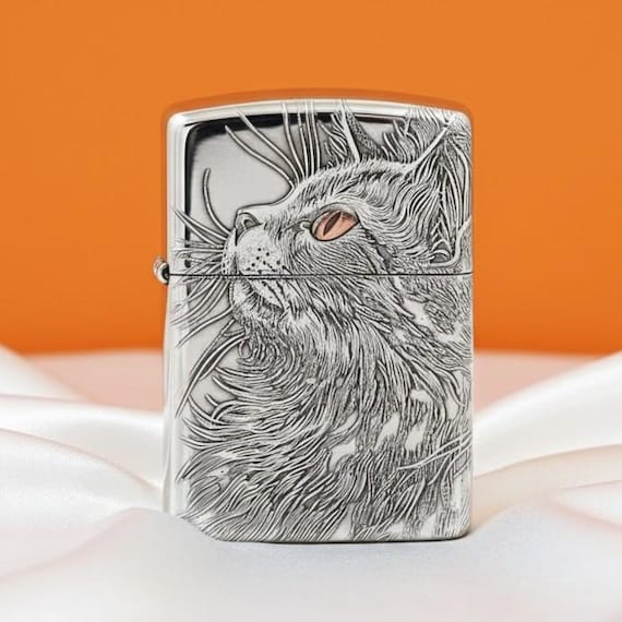 Zippo Sterling Silver Cat Engraved, Luxury Zippo Lighter, Copper