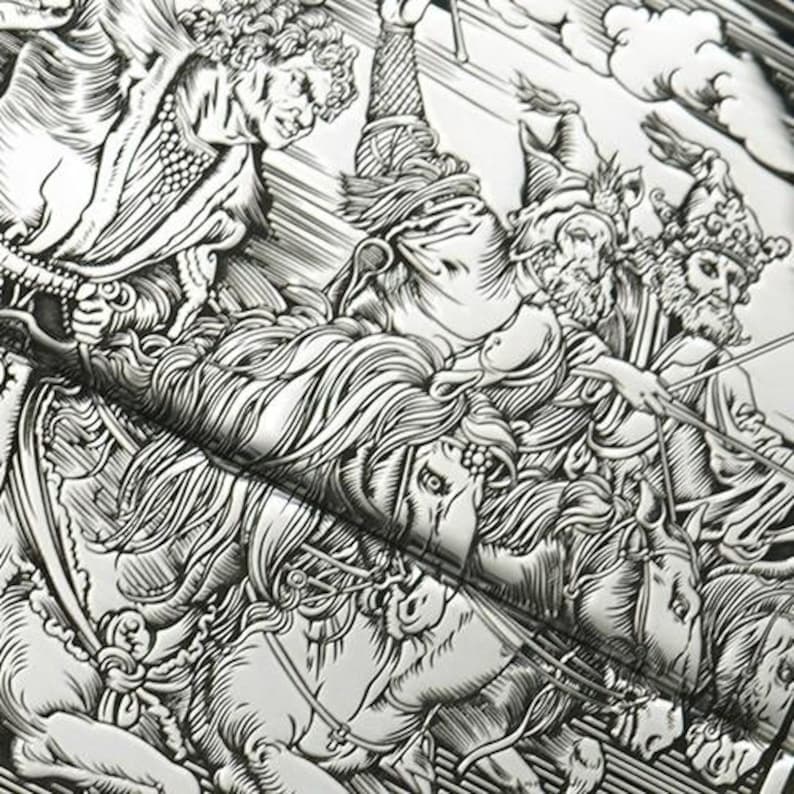 May include: Detailed black and white engraving depicting a classical scene with figures, horses, and chariots. The artwork features intricate linework and shading, creating a dramatic and historical aesthetic. The image is a close-up of a larger piece.