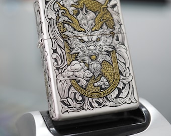 Encendedores Zippo Lucky Dragon, encendedor de dragón tallado a mano, Zippo con armadura plateada, un regalo de lujo con significado