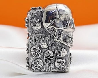 Encendedor Zippo de calavera, encendedores Zippo raros con grabado gótico, diseño de calavera 3D, encendedores vintage de motociclista, regalo único para hombre