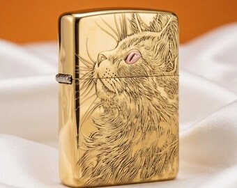 Zippo Golden Cat Engraved Lighter, Artistic Animal Zippo, Unique