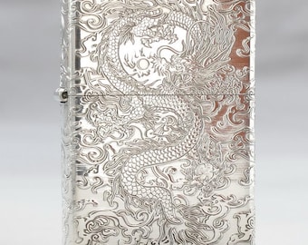 Zapalniczka Zippo Sterling Silver, Zapalniczka Zippo Custom Dragon Engraved, Rzadkie zapalniczki Zippo