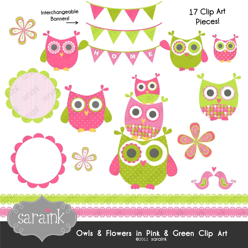 Owl Clip Art Pink Flowers Clipart Floral Clipart Download Boho Clipart Bird Clipart Personal and Commercial Use Digital clip art image 1