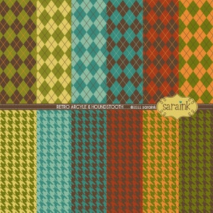 Set di carta digitale autunnale Carta digitale retrò Argyle & Houndstooth Printable Papers - per uso commerciale o personale