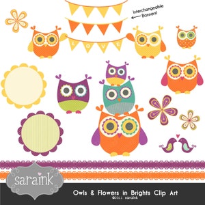 Owl and Flower Clipart Download - Bright, Funky & Cute Owls - Personal and Commercial Use Digital clip art