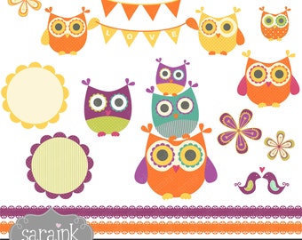 Owl and Flower Clipart Download - Bright, Funky & Cute Owls - Personal and Commercial Use Digital clip art