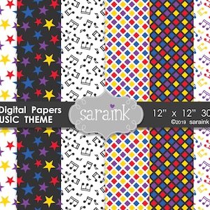 Music Digital Paper Pack - Music Background Paper - Star Digital Paper, Music Note pattern paper, Diamond Digital Paper, digital background