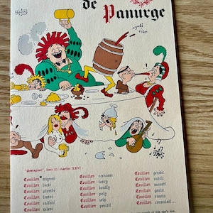 May include: A vintage illustration titled "Au mouton de Panurge" with cartoon figures in a dining scene. The artwork features text in French and a quote from Shakespeare. The color palette includes red, green, and yellow.