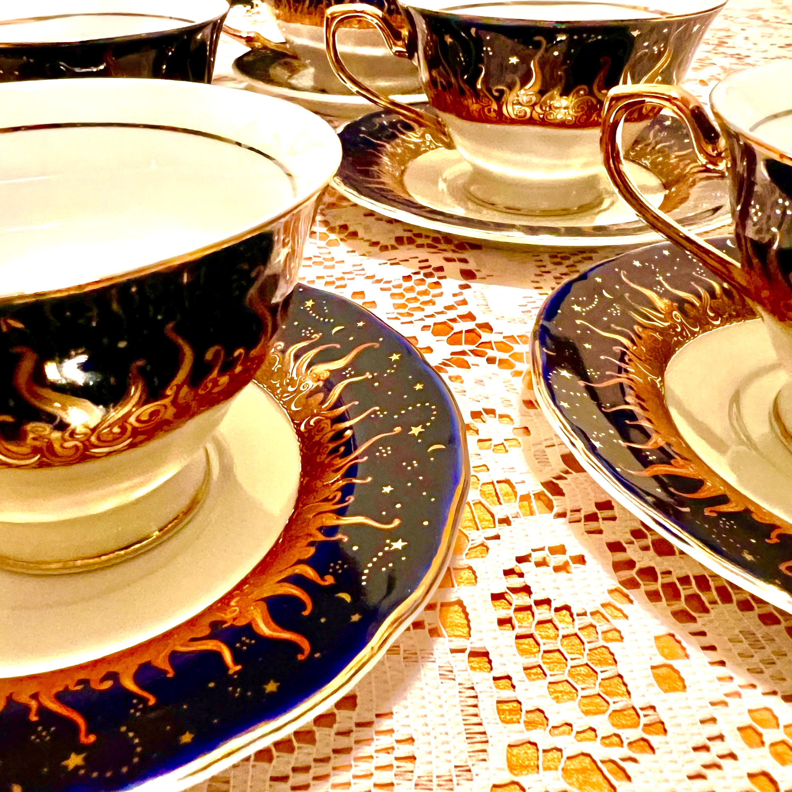 Vintage Thun Karlovarsky Cobalt Porcelain Tea Set: 24k Gold, Czech