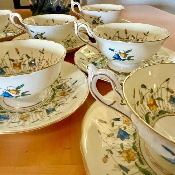Vintage Coalport Harebell Tea Cup & Saucer Set: Blue Yellow Floral