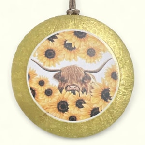Highland Cow Sunflower Freshie – Car Air Freshener, Cherry Dr Pepper Scent, Western Boho Gift