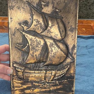 Vintage Embossed Tin Box with Sailing Ship Design | Nautical Metal Storage or Trinket Box