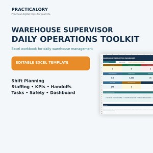 May include: A digital Warehouse Supervisor Daily Operations Toolkit Excel workbook template. The layout features the title, an orange editable Excel template button, and a list of features including shift planning, staffing, KPIs, handoffs, tasks, and safety. A dashboard preview is displayed on the right.