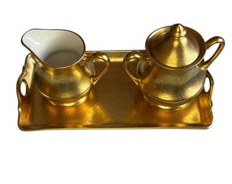 Vintage Pickard Gold Encrusted Creamer Sugar Tray Set Pattern 464 Rose & Daisy