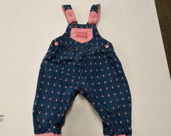 OshKosh B'Gosh 6-9M Pink Duck Print Denim Overalls Quilted Bib Baby VTG