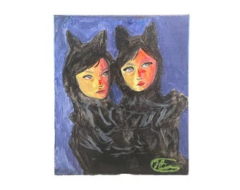 風変わりな双子の猫娘の絵画 – オリジナル 16x20 アクリルキャンバス画 - 手描きサイン入り
