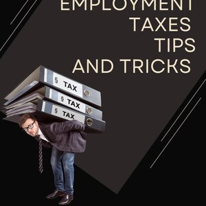 Può includere: Immagine che promuove consigli fiscali per i lavoratori autonomi. Una persona porta una pila di file fiscali. Il testo include "#1 Self Employment Taxes Tips and Tricks" e "Levi Design Co."