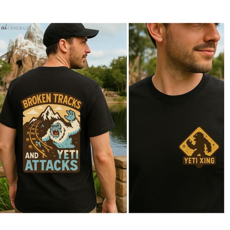The image is a collage of two photos. The left photo shows a man wearing a black t-shirt with a graphic design featuring a white yeti bear and the text "Broken Tracks and Yeti Attacks". The right photo shows the back of the man's black t-shirt, with a yellow and black logo on the right side that says "YETI XING".