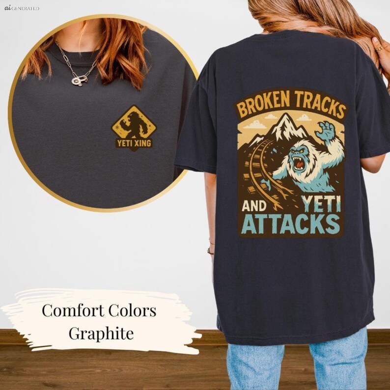 a person wearing a black t-shirt with a graphic design depicting a snowy mountain landscape with a large, fierce-looking creature, possibly a Yeti, and the text "Broken Tracks and Yeti Attacks".