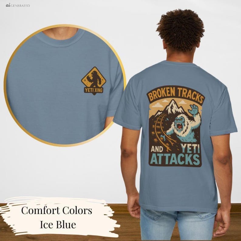 A man wearing a blue t-shirt with a graphic design on the back, depicting a broken track and yeti attacks.