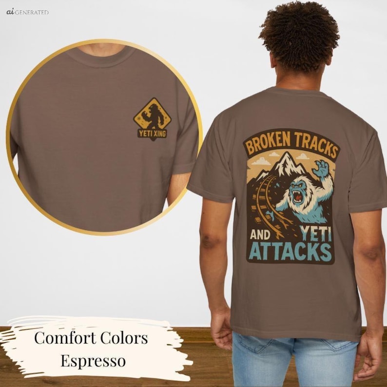 a brown t-shirt with a graphic design depicting a Yeti, a mythical creature from the Yeti series, and the text "Broken Tracks and Yeti Attacks". The design also includes a warning sign for broken tracks. The t-shirt is shown from the back, and the text "Comfort Colors Espresso" is written below the image.
