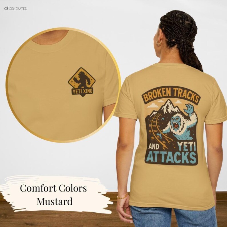 a person wearing a tan t-shirt with a graphic design on the back. The design includes a bear and the text "Broken Tracks and Yeti Attacks". The person is standing against a white background.