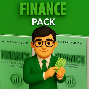 May include: A cartoon illustration of a man in a green suit holding a stack of dollar bills. The image has the text "FINANCE PACK" at the top. Two green books with the word "FINANCE" are behind the man. The books have the text "PROMPT POWER BOOK" and "PROMPT POWER 1000".