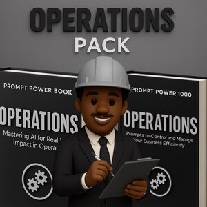 May include: A 3D illustration shows a cartoon figure in a grey hard hat and black suit, holding a pen and clipboard. The background features two books with the title "OPERATIONS" and the word "PACK" above. The books have the text "PROMPT BOWER BOOK" and "PROMPT POWER 1000".