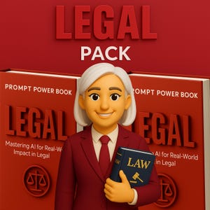 May include: A 3D illustration featuring a smiling female figure in a red suit holding a book labeled "LAW". The background includes two large red books with the word "LEGAL" and the text "PROMPT POWER BOOK". The image has the text "LEGAL PACK".