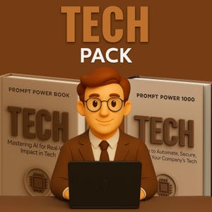 Könnte beinhalten: Eine 3D-Illustration mit einer Cartoonfigur mit Brille und braunem Anzug, die an einem Laptop arbeitet. Im Hintergrund befinden sich zwei Bücher mit dem Wort "TECH" und dem Text "PROMPT POWER BOOK" und "PROMPT POWER 1000". Die Worte "TECH PACK" stehen oben.