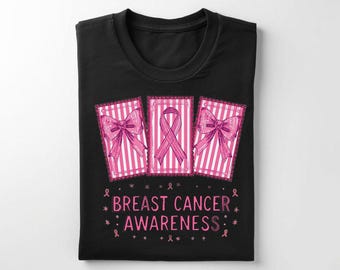 May include: Black t-shirt with a pink breast cancer awareness design. The design includes three pink framed rectangles with bows and a ribbon, and the words "Breast Cancer Awareness".